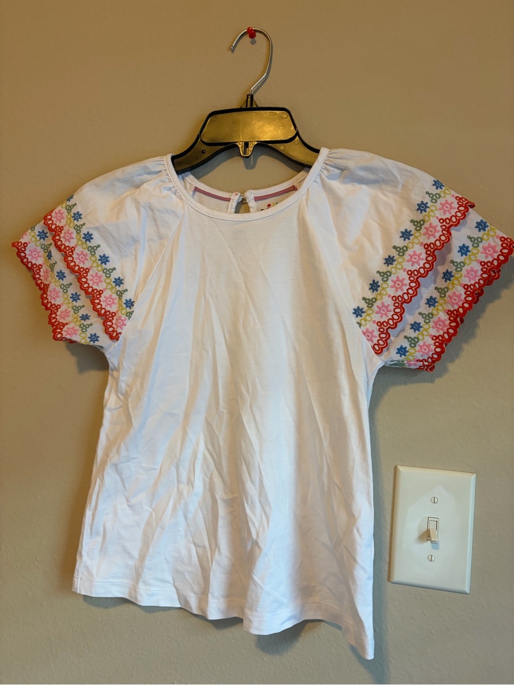 Girls Boden White Tee with Multicolor Embroidered Flutter Sleeves